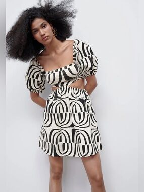 Zara Black & Cream Geometric Cutout Mini Dress